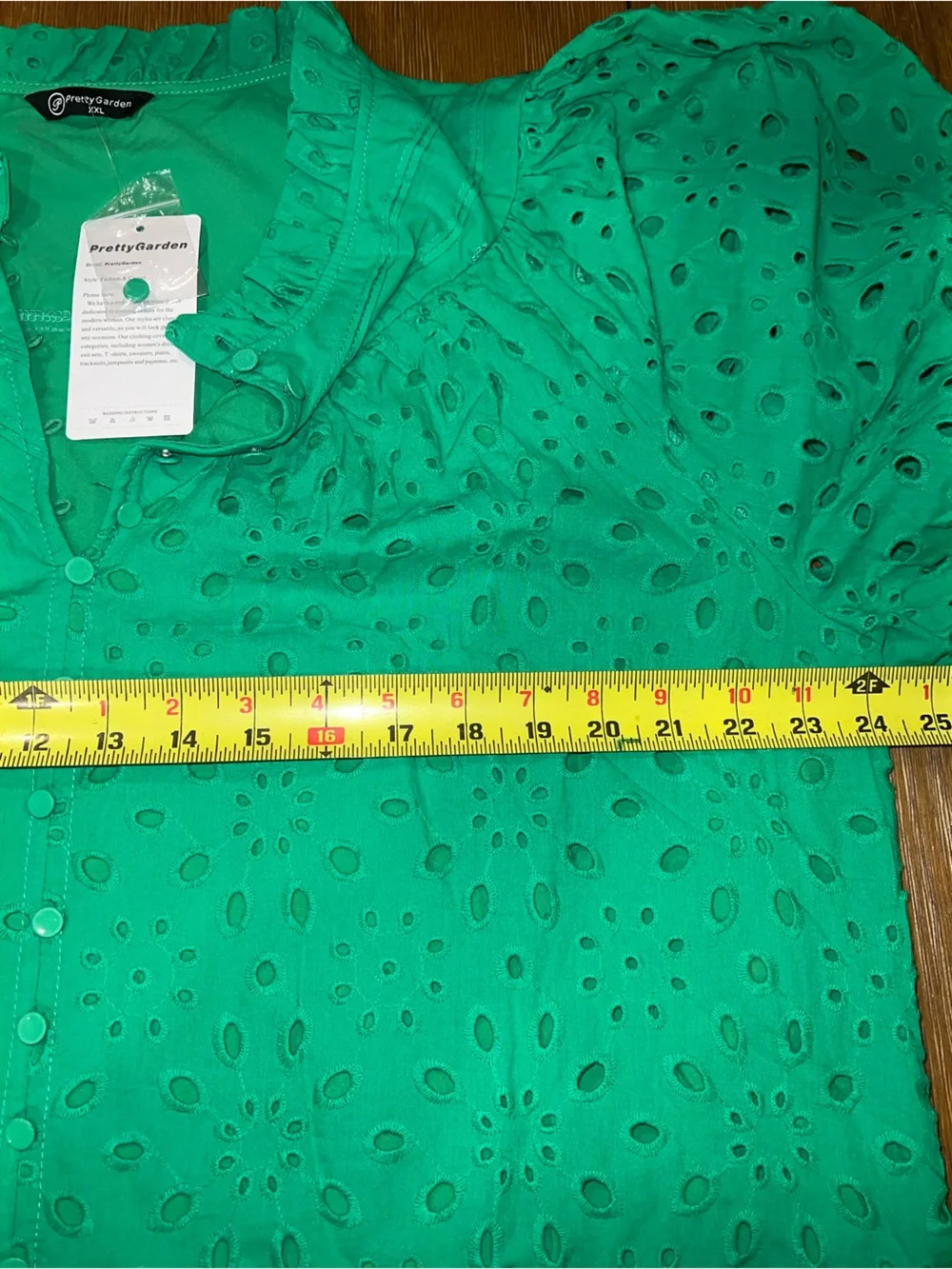 PRETTYGARDEN Green Eyelet Lace Puff Sleeve Blouse NWT XXL Boho Ruffle Neck - Picture 6 of 11